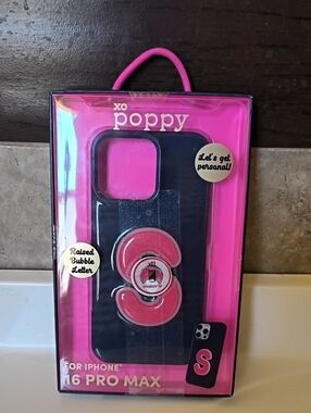 XO Poppy Navy Bubble Letter Phone Case for iPhone 16 Pro Max. Navy Blue.